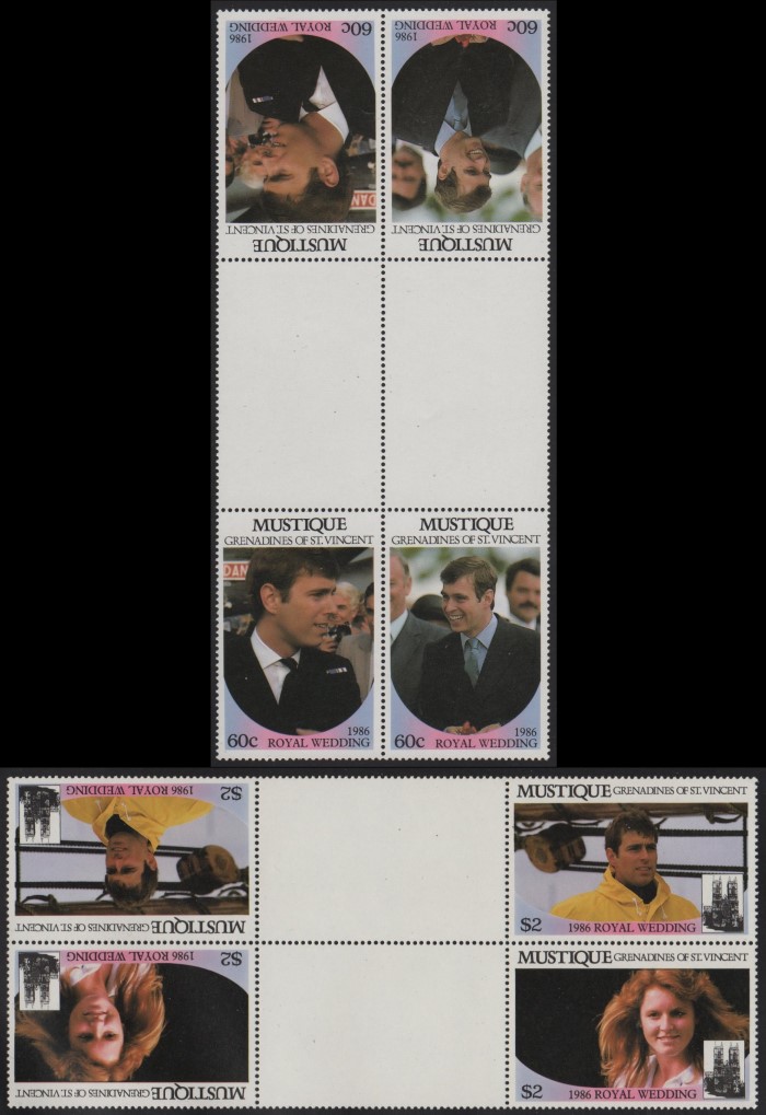 Mustique 1986 Royal Wedding Perforated Tete-beche Gutter Blocks Mustique 1986 Royal Wedding Perforated Tete-beche Gutter Blocks
